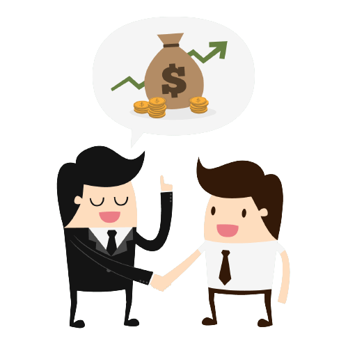 Ilustração de dois personagens apertando as mãos, com ícone de dinheiro e gráfico de crescimento acima, representando parceria e ganhos financeiros.